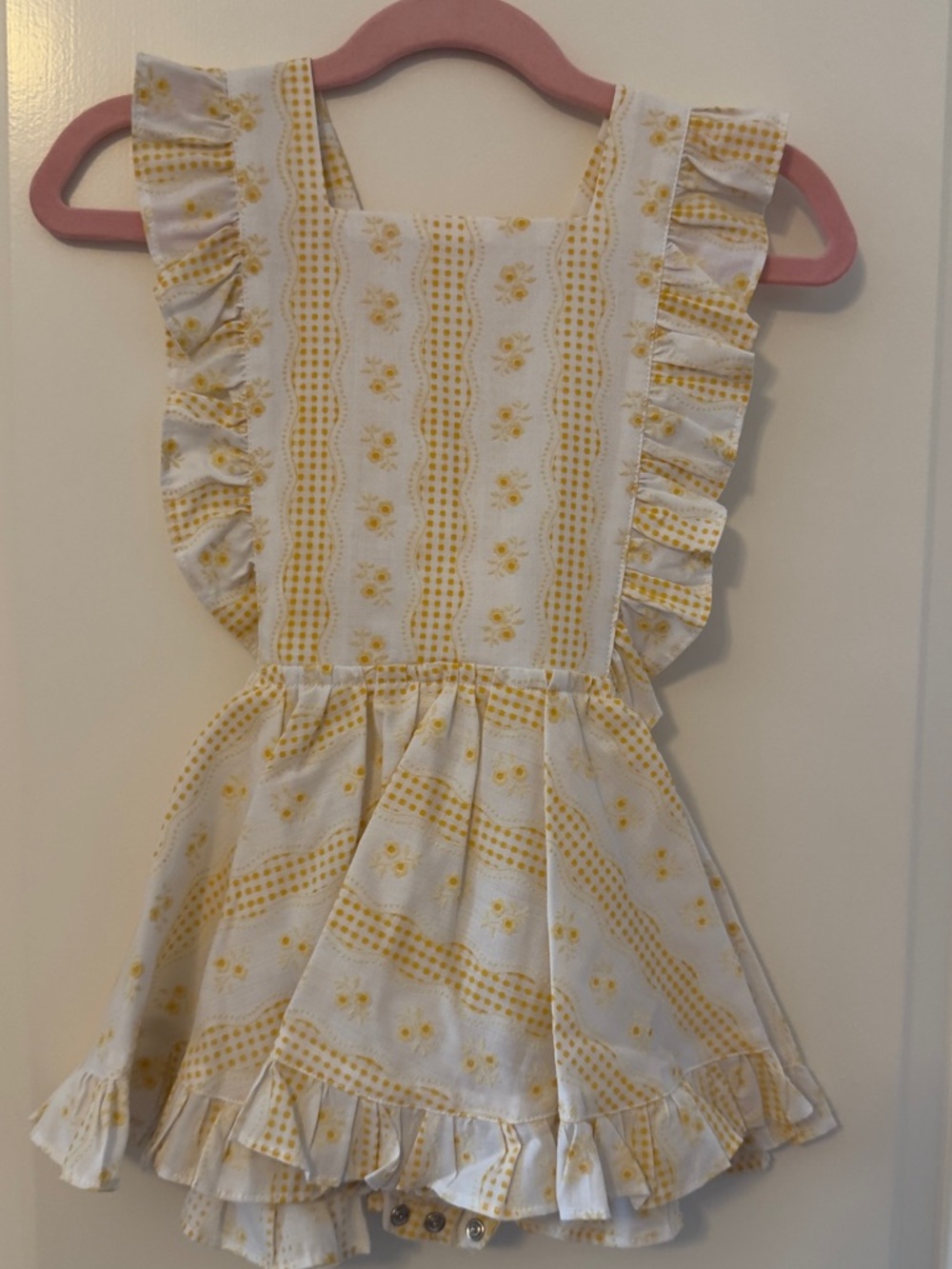 Girls Yellow Floral Ruffle Pinafore Dress - Vintage Fabric